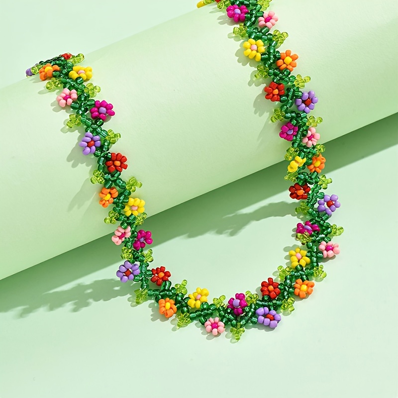 Bohemian Braided Beaded Colorful Flower Necklace